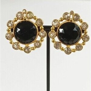 C. Stein Rhinestone Black Faux Stone Gold Tone Vintage Clip Earrings